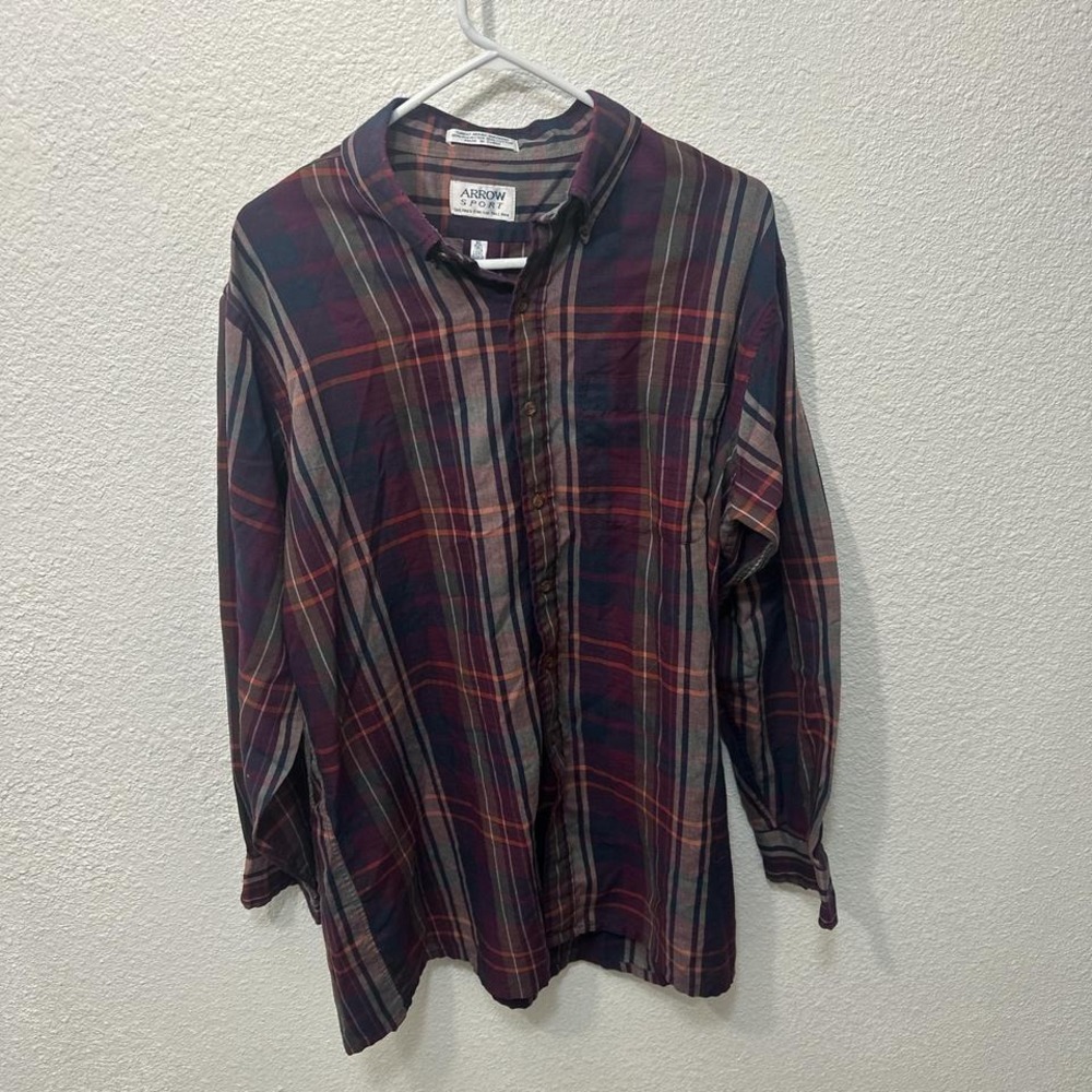 Burgundy and black plaid button-up shirt